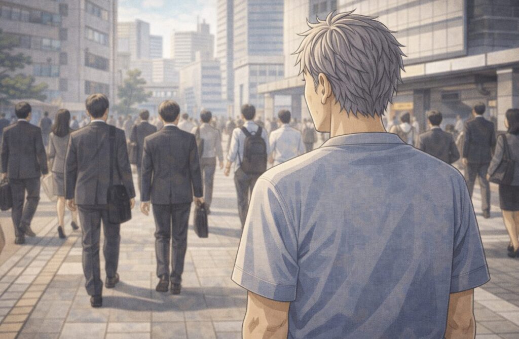 平日の昼間の街で、通勤する人たちの流れを少し離れて見つめながら歩く56歳男性の後ろ姿の漫画風イラスト