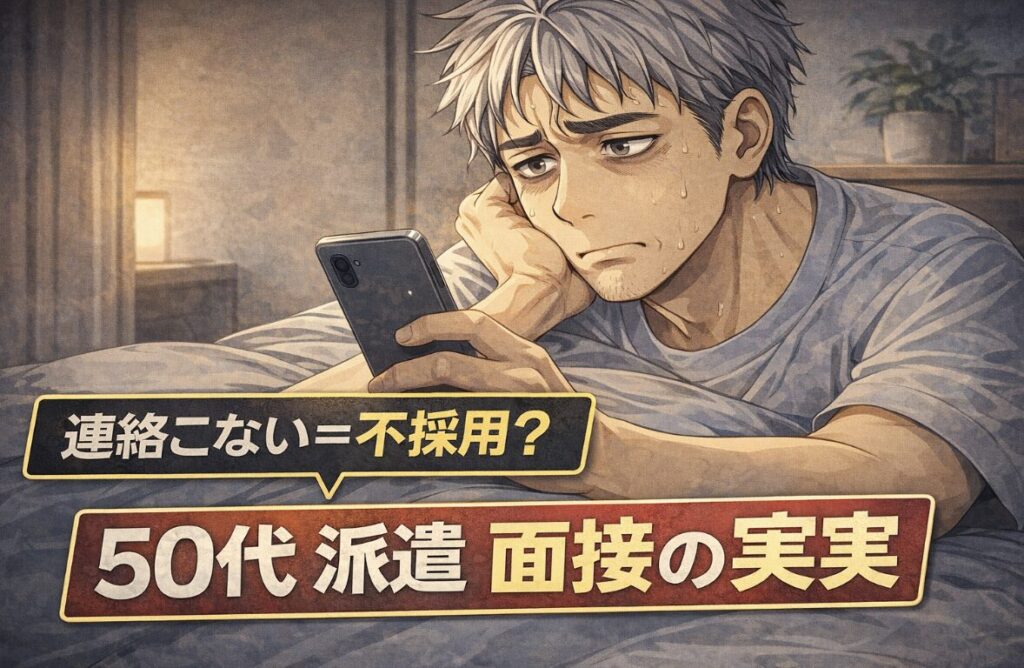 スマホを見つめながら連絡を待ち、不安そうな表情を浮かべる50代男性の漫画風イラスト。「連絡こない=不採用?」「50代 派遣 面接の現実」の文字入り