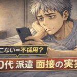 スマホを見つめながら連絡を待ち、不安そうな表情を浮かべる50代男性の漫画風イラスト。「連絡こない＝不採用？」「50代 派遣 面接の現実」の文字入り