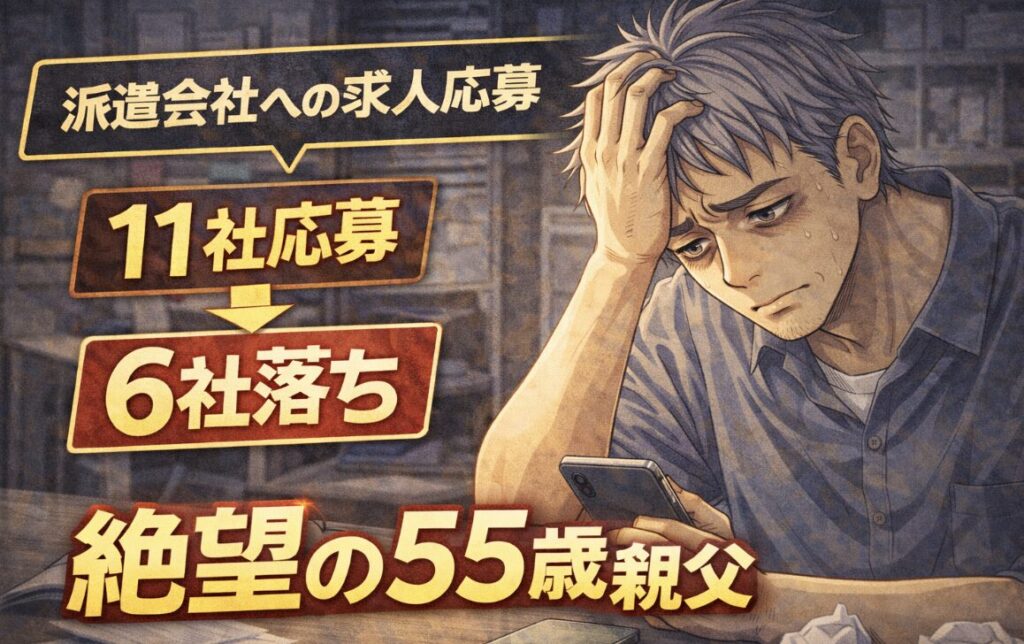 派遣会社に11社応募して6社に落ち、スマホを見ながら頭を抱えて落ち込む55歳男性の漫画風イラスト