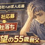 派遣会社に11社応募して6社に落ち、スマホを見ながら頭を抱えて落ち込む55歳男性の漫画風イラスト