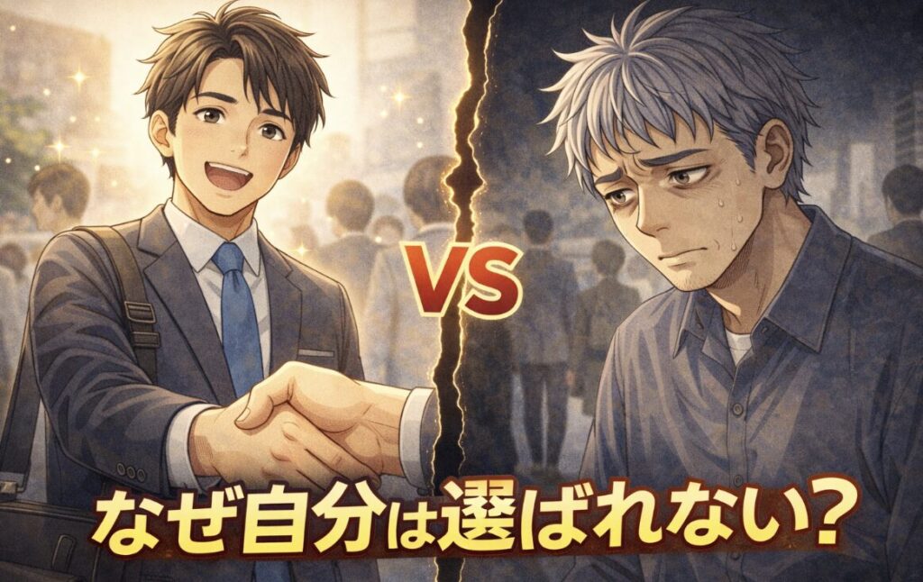 明るく自信のある若者と、疲れた表情で落ち込む50代男性を対比した漫画風イラスト。「なぜ自分は選ばれない？」の文字入り