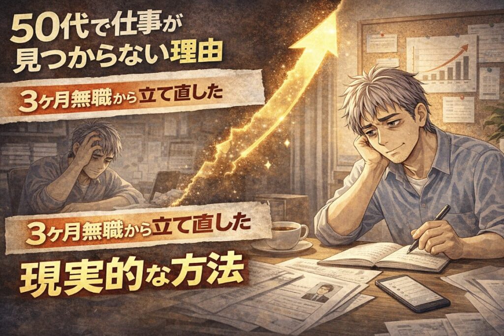 仕事が見つからず悩んでいた状態から、ノートに考えを書き出し前向きに立て直していく55歳男性を描いた漫画風イラスト。「50代で仕事が見つからない理由」「3ヶ月無職から立て直した現実的な方法」の文字入り