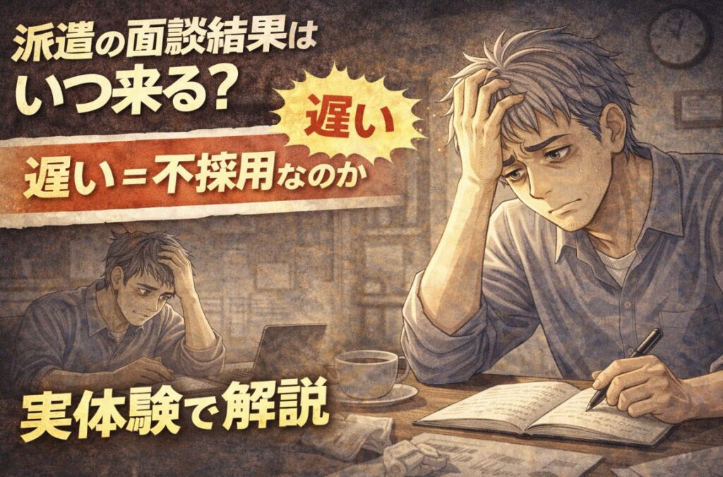 派遣の面談後、結果が来ず不安になりながらスマホを見つめる55歳男性の漫画風イラスト。「派遣の面談結果はいつ来る？」「遅い＝不採用なのか」「実体験で解説」の文字入り