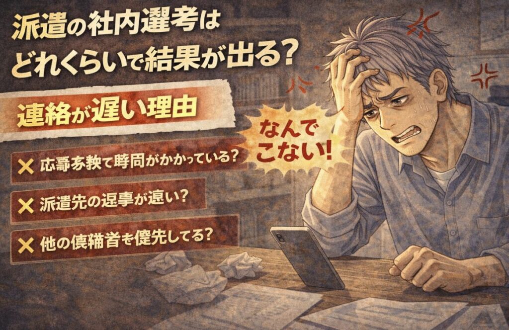 派遣の社内選考の結果が来ず、スマホを見ながら不安と苛立ちで頭を抱える55歳男性の漫画風イラスト。「社内選考はどれくらいで結果が出る？」「連絡が遅い理由」の文字入り