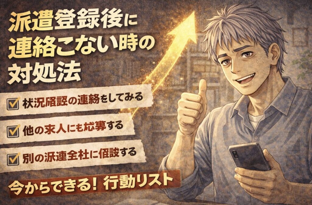 派遣登録後に連絡が来ない状況でも前向きに行動しようとスマホを持って笑顔で親指を立てる55歳男性の漫画風イラスト。「連絡こない時の対処法」「今からできる行動リスト」の文字入り