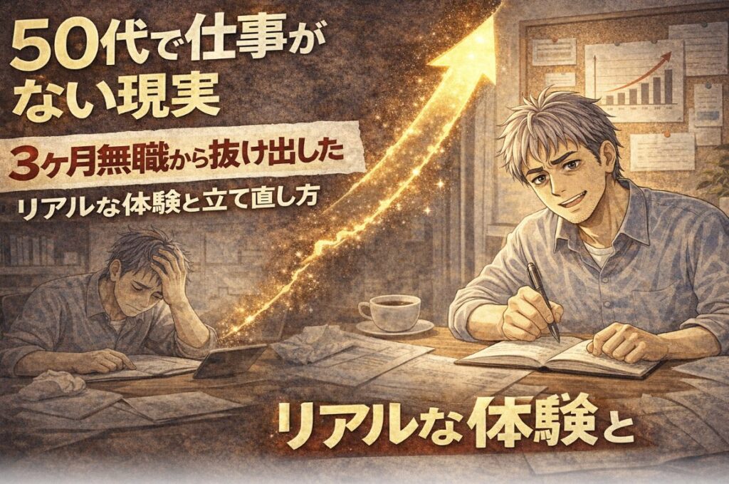 仕事が見つからず落ち込んでいた状態から、ノートに考えを書き出して前向きに行動し始める55歳男性の変化を描いた漫画風イラスト。「50代で仕事がない現実」「3ヶ月無職から抜け出したリアルな体験と立て直し方」の文字入り
