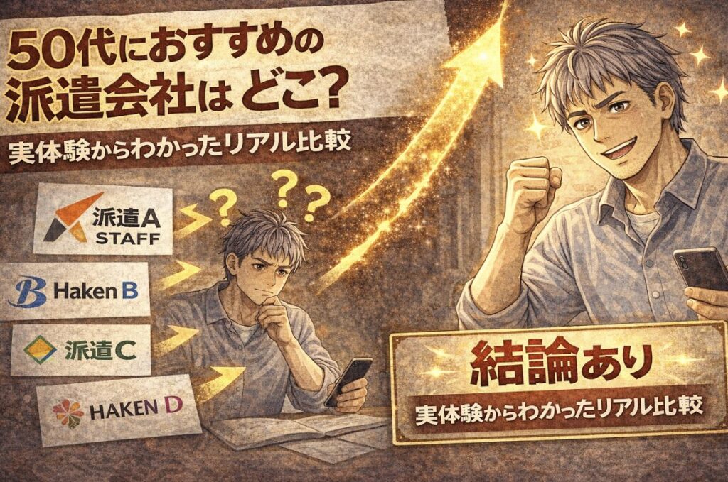 複数の派遣会社を比較して悩んでいた55歳男性が、最終的に納得して前向きになる様子を描いた漫画風イラスト。「50代におすすめの派遣会社はどこ？」「実体験からわかったリアル比較」「結論あり」の文字入り