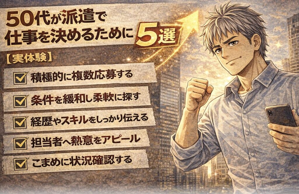 派遣で仕事を決めるために行動を始めた55歳男性が、スマホを持ちながら決意の表情で前を向く漫画風イラスト。応募・条件見直し・スキルアピールなど5つのポイントが描かれている