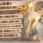 派遣で仕事を決めるために行動を始めた55歳男性が、スマホを持ちながら決意の表情で前を向く漫画風イラスト。応募・条件見直し・スキルアピールなど5つのポイントが描かれている
