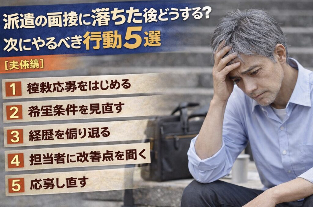 派遣の面接に落ちた後、頭を抱えて落ち込む55歳男性と、次にやるべき行動5つが表示された実写風画像