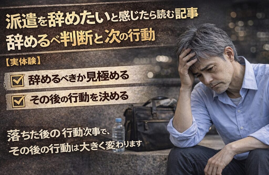 派遣の仕事を辞めたいと悩み、頭を抱えて落ち込む55歳男性の実写風イメージ。暗い背景の中で「辞めるべき判断」「次の行動」といったポイントが示された画像