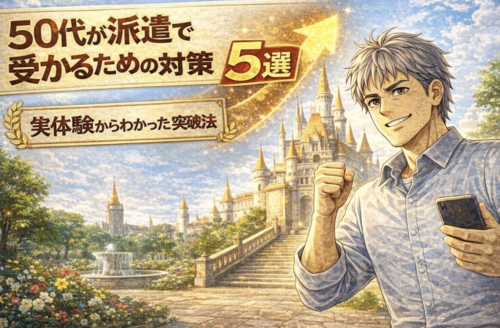 明るい城を背景に、派遣で仕事を決めるための対策を実践しようと決意した55歳男性が拳を握り前向きな表情を見せる漫画風イラスト。「50代が派遣で受かるための対策5選」「実体験からわかった突破法」の文字入り