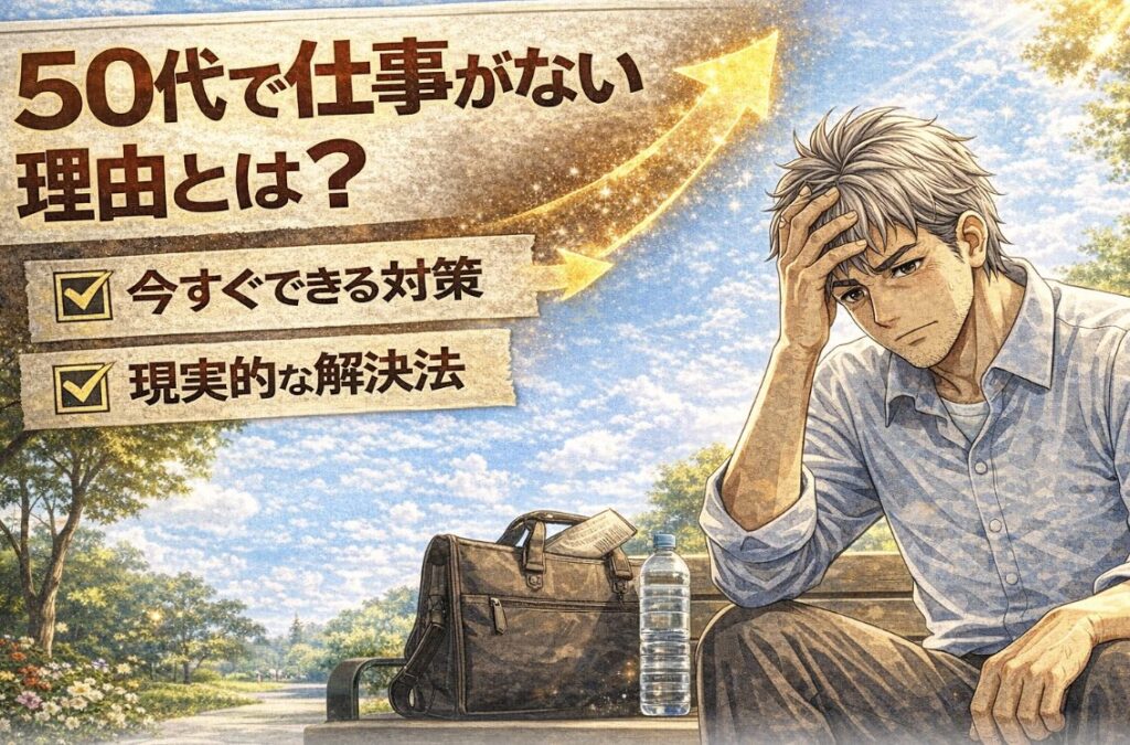 明るい屋外のベンチで、仕事が見つからず悩みながら頭を抱える55歳男性の漫画風イラスト。「50代で仕事がない理由とは？」「今すぐできる対策」「現実的な解決法」の文字入り
