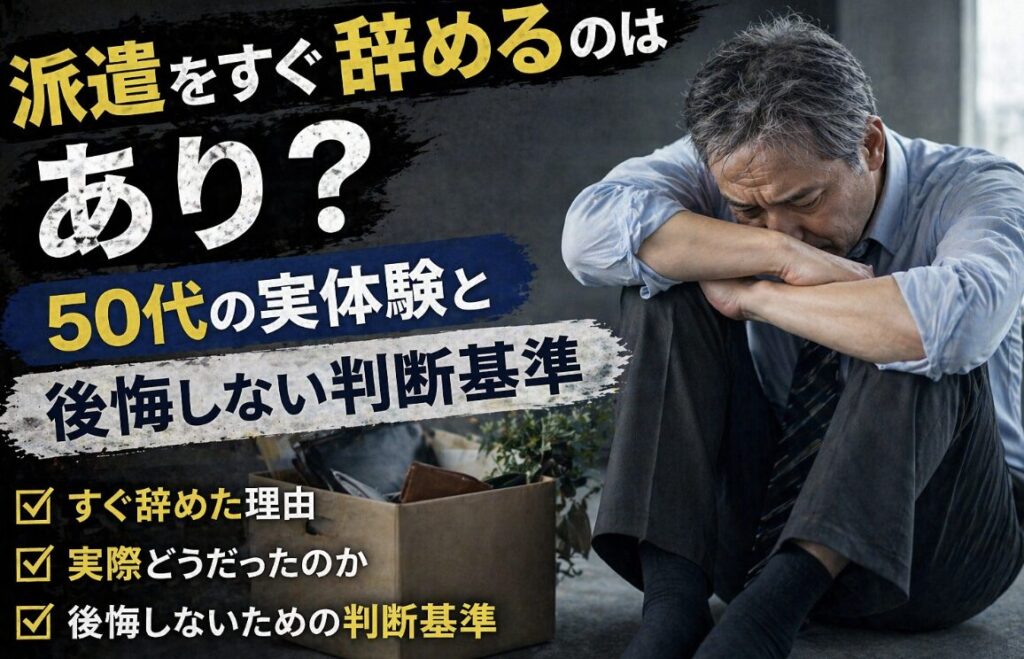 派遣をすぐ辞めてしまい、うつむいて落ち込む55歳男性の実写風イメージ。暗い背景の中で「すぐ辞めるのはあり？」「50代の実体験」「後悔しない判断基準」といった文字が入った画像