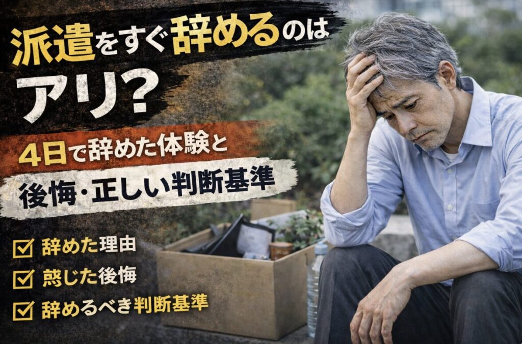 派遣を4日で辞めてしまい、外で座り込みながら頭を抱えて後悔する55歳男性の実写風イメージ。「すぐ辞めるのはアリ？」「4日で辞めた体験」「後悔・正しい判断基準」の文字入り