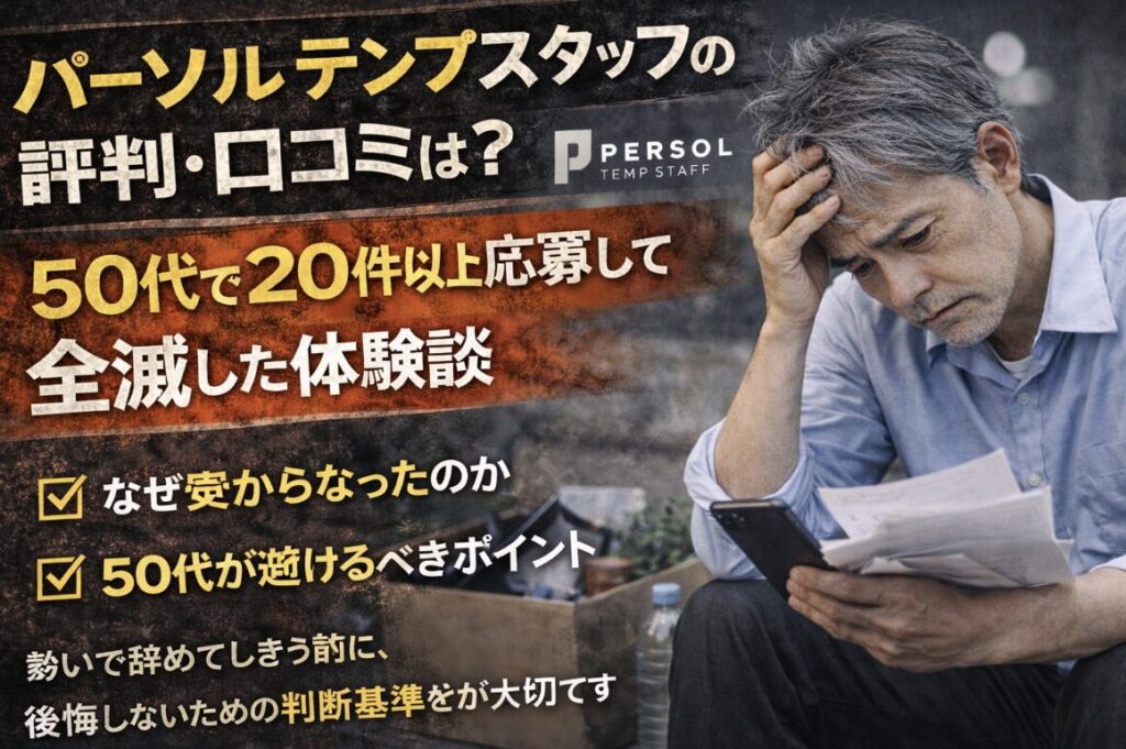 パーソルテンプスタッフに何度も応募するも結果が出ず、スマホと書類を見ながら頭を抱えて落ち込む55歳男性の実写風イメージ。「評判・口コミ」「50代で20件以上応募して全滅した体験談」の文字入り
