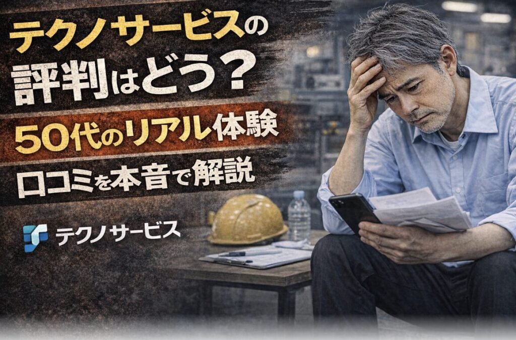 テクノサービスで働いた55歳男性がスマホと書類を見ながら不安そうな表情を浮かべる実写風イメージ。評判や口コミ、50代のリアル体験を解説する内容の文字入り