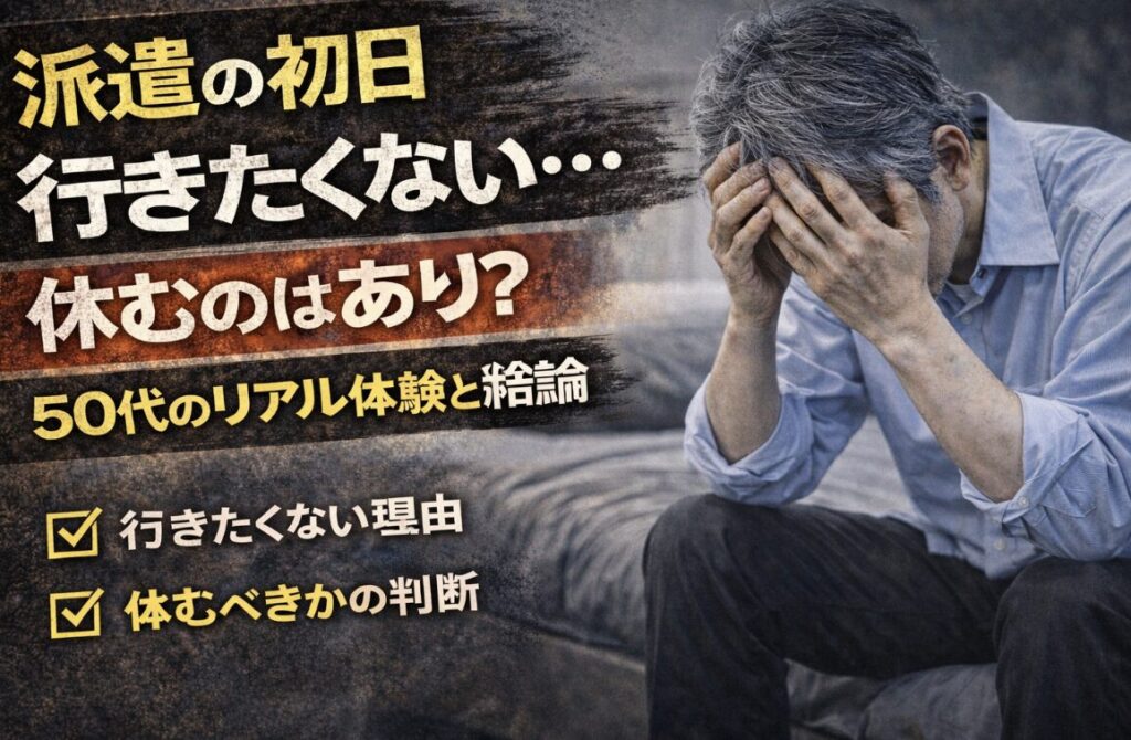 派遣の初日に行きたくないと悩み、ベッドに座って顔を覆いながら苦しむ55歳男性の実写風イメージ。「休むのはあり？」「50代のリアル体験と結論」の文字入り