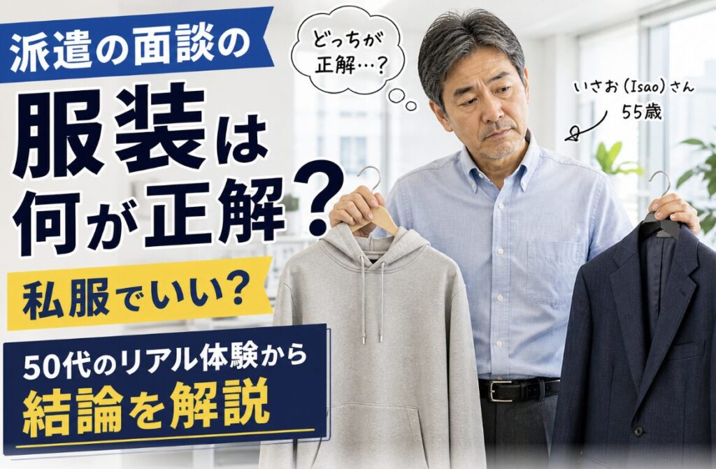 派遣の面談で着る服装に迷い、パーカーとスーツを両手に持ちながら悩む55歳男性の実写風イメージ。「服装は何が正解？」「私服でいい？」「50代のリアル体験から結論を解説」の文字入り