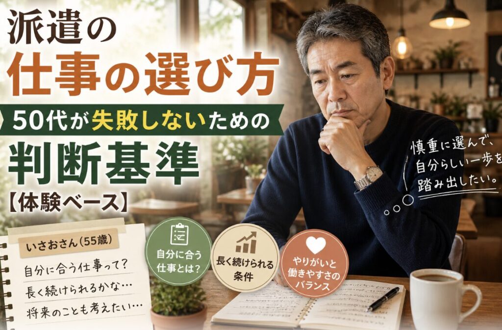 派遣の仕事選びに悩み、ノートを前に考え込む55歳男性の実写風イメージ。カフェのような落ち着いた空間で、「自分に合う仕事」「長く続けられる条件」「働きやすさ」などを考えている様子と、「仕事の選び方」「50代が失敗しない判断基準」の文字入り