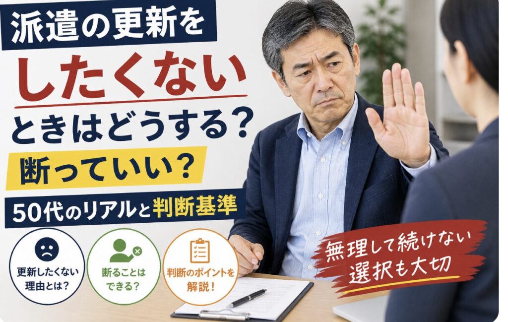 派遣の更新を断りたいと考え、手で制止のジェスチャーをしながら真剣な表情を見せる55歳男性の実写風イメージ。「更新したくないときはどうする？」「断っていい？」「50代のリアルと判断基準」の文字入り