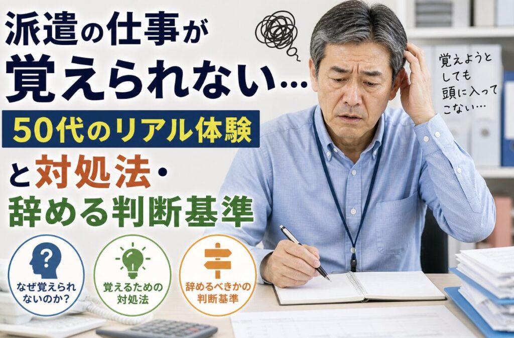 派遣の仕事が覚えられず、ノートを前に頭を抱えて困惑する55歳男性の実写風イメージ。「仕事が覚えられない」「50代のリアル体験」「対処法・辞める判断基準」の文字入り