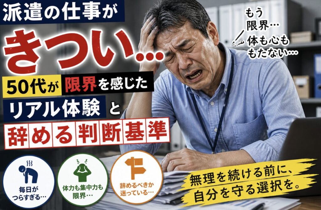派遣の仕事がきつく、汗をかきながら頭を抱えて限界を感じている55歳男性の実写風イメージ。「仕事がきつい」「50代のリアル体験」「辞める判断基準」の文字入り