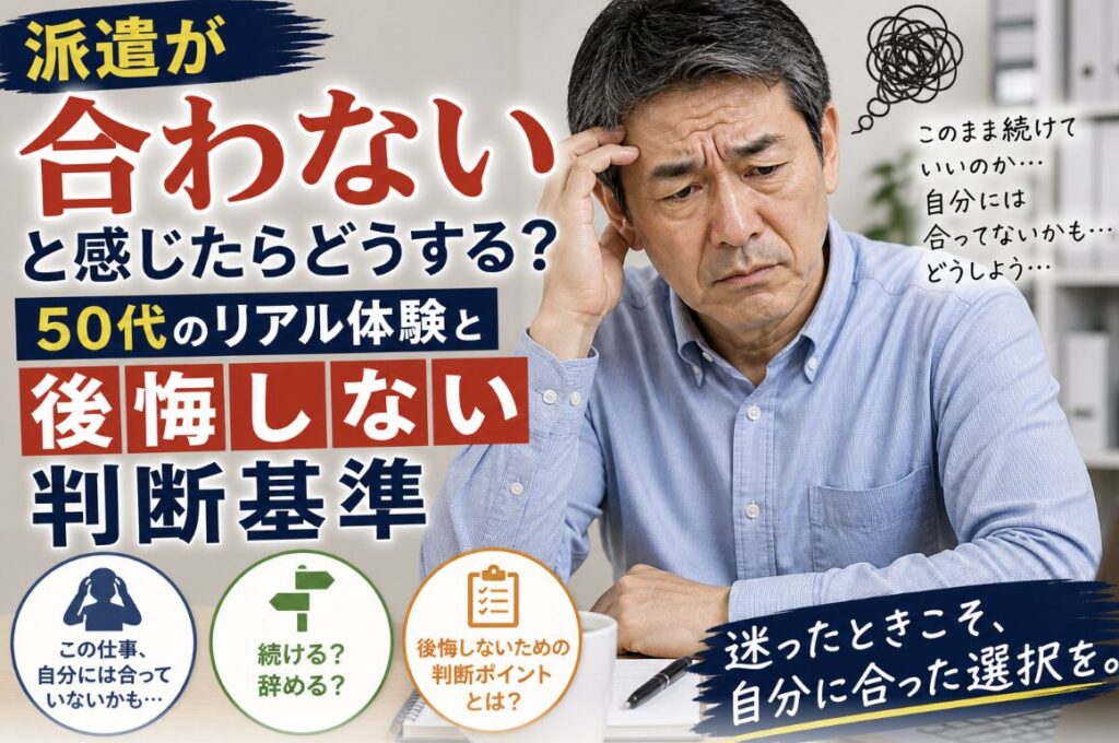派遣の仕事が合わないと感じ、額に手を当てて困惑した表情で悩む55歳男性の実写風イメージ。「合わないと感じたらどうする？」「50代のリアル体験」「後悔しない判断基準」の文字入り