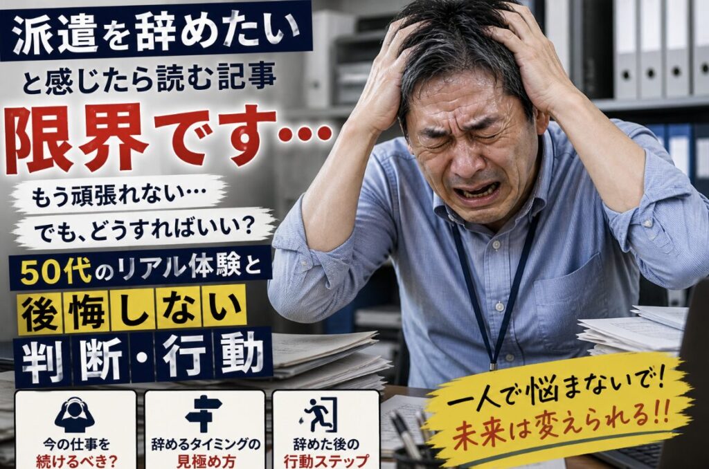 派遣を辞めたいと感じて限界に達し、頭を抱えて苦悶の表情を浮かべる55歳男性の実写風イメージ。「辞めたいと感じたら読む記事」「50代のリアル体験」「後悔しない判断・行動」の文字入り