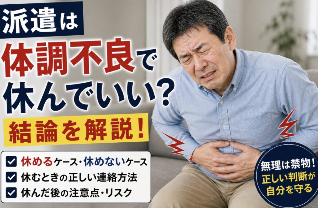 派遣で体調不良になり、お腹を押さえて苦しそうな表情をしている55歳男性の実写風イメージ。「体調不良で休んでいい？」「結論を解説」の文字入り