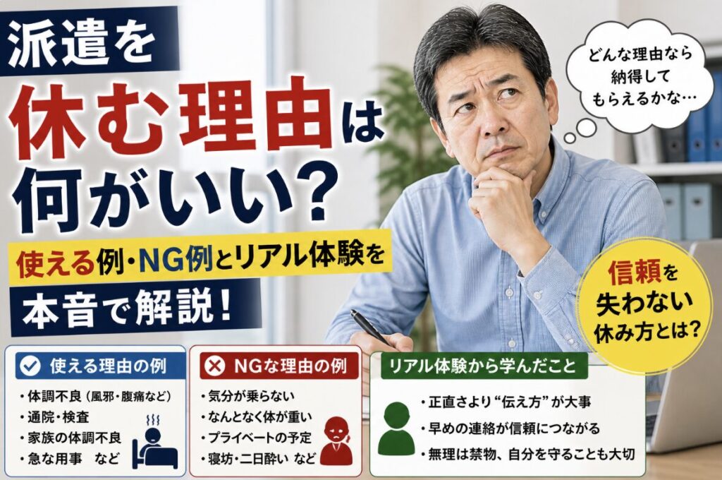 派遣を休む理由をどう伝えるべきか悩み、ノートとペンを手に考え込む55歳男性の実写風イメージ。「休む理由は何がいい？」「使える例・NG例とリアル体験」「本音で解説」の文字入り