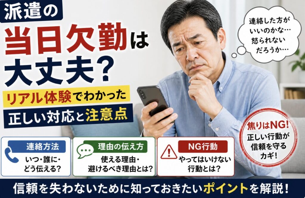 派遣の当日欠勤について悩み、スマホを見ながら電話するか迷い不安そうな表情を浮かべる55歳男性の実写風イメージ。「当日欠勤は大丈夫？」「連絡方法・理由・NG行動」「リアル体験で解説」の文字入り