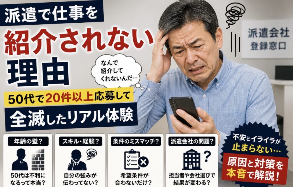 派遣会社から仕事を紹介されず、スマホを見ながら頭を抱えて不安とイライラした表情を浮かべる55歳男性の実写風イメージ。「紹介されない理由」「50代で20件以上応募して全滅したリアル体験」の文字入り