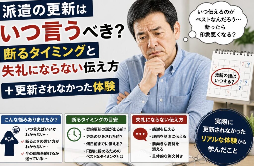 派遣の更新を断るタイミングに悩み、腕を組みながら考え込む55歳男性の実写風イメージ。「更新はいつ言うべき？」「断るタイミングと失礼にならない伝え方」「更新されなかった体験」の文字入り