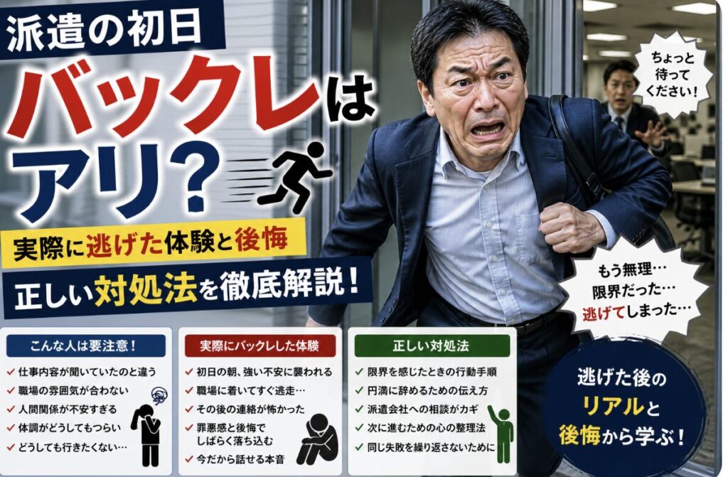 派遣の初日に耐えきれず職場から逃げ出し、必死な表情で走る55歳男性の実写風イメージ。「初日バックレはアリ？」「実際に逃げた体験と後悔」「正しい対処法」の文字入り