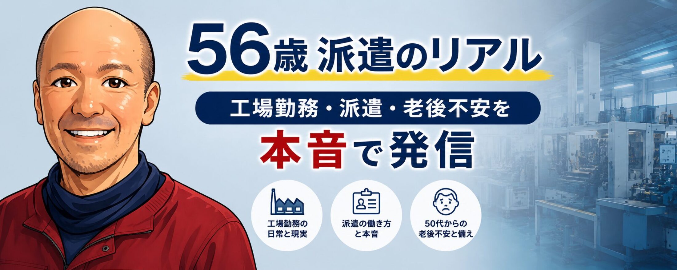薄いグレー〜ブルー背景のワードプレス用ヘッダー画像。左側に笑顔の56歳男性のイラスト、右側に工場風景と「56歳派遣のリアル」「工場勤務・派遣・老後不安を本音で発信」の文字が配置されたデザイン