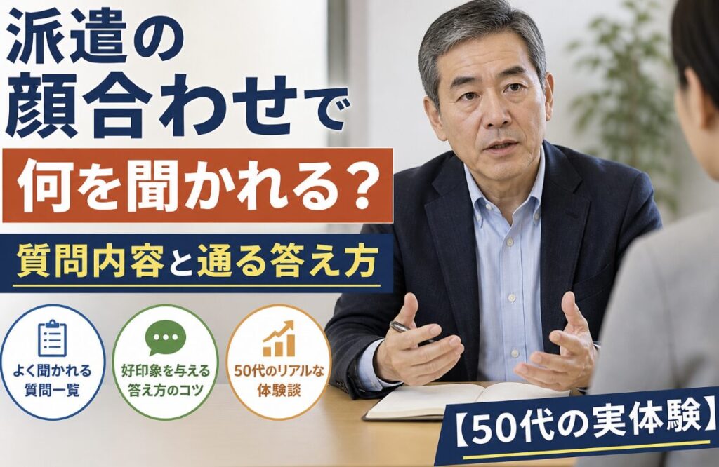 派遣の顔合わせで質問に答えている真面目な55歳男性の実写風イメージ。面接官と向き合いながら受け答えしている様子と、「何を聞かれる？」「質問内容と通る答え方」「50代の実体験」の文字入り
