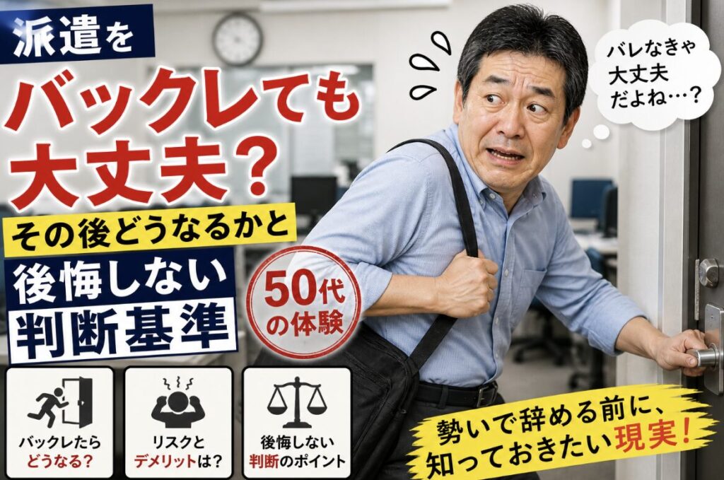 派遣を無断で辞めようとしてドアからこっそり出ようとし、不安そうで間抜けな表情を浮かべる55歳男性の実写風イメージ。「バックレても大丈夫？」「その後どうなるか」「後悔しない判断基準」「50代の体験」の文字入り