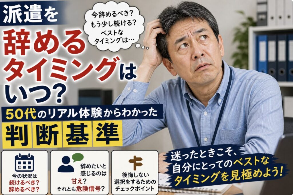 派遣を辞めるタイミングに悩み、上目遣いで頭を掻きながら考え込む55歳男性の実写風イメージ。「辞めるタイミングはいつ？」「50代のリアル体験」「判断基準」の文字入り