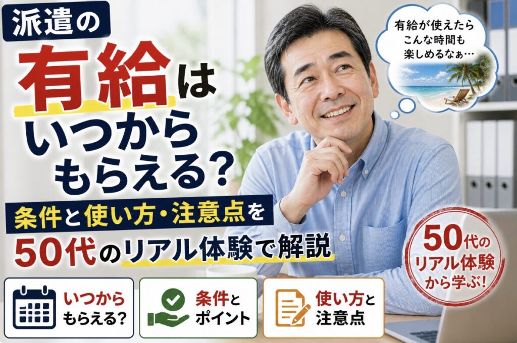 派遣の有給について考えながら、嬉しそうに微笑みつつ将来をイメージしている55歳男性の実写風イメージ。「有給はいつからもらえる？」「条件と使い方・注意点」「50代のリアル体験で解説」の文字入り