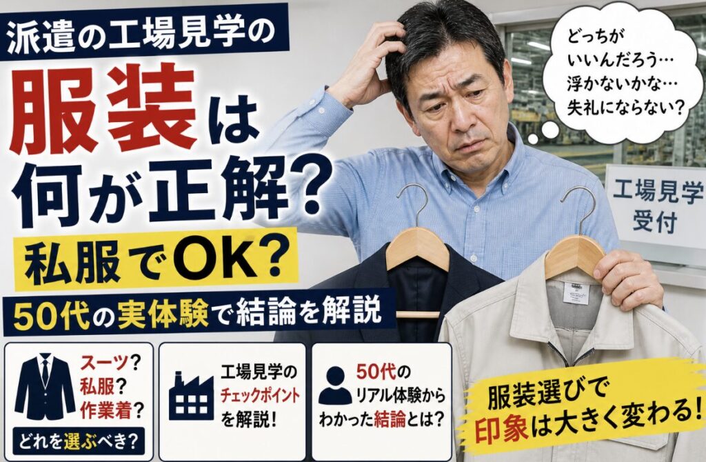 派遣の工場見学の服装に迷い、スーツと私服を手に持ちながら頭を掻いて困惑している55歳男性の実写風イメージ。「服装は何が正解？」「私服でOK？」「50代の実体験で結論を解説」の文字入り