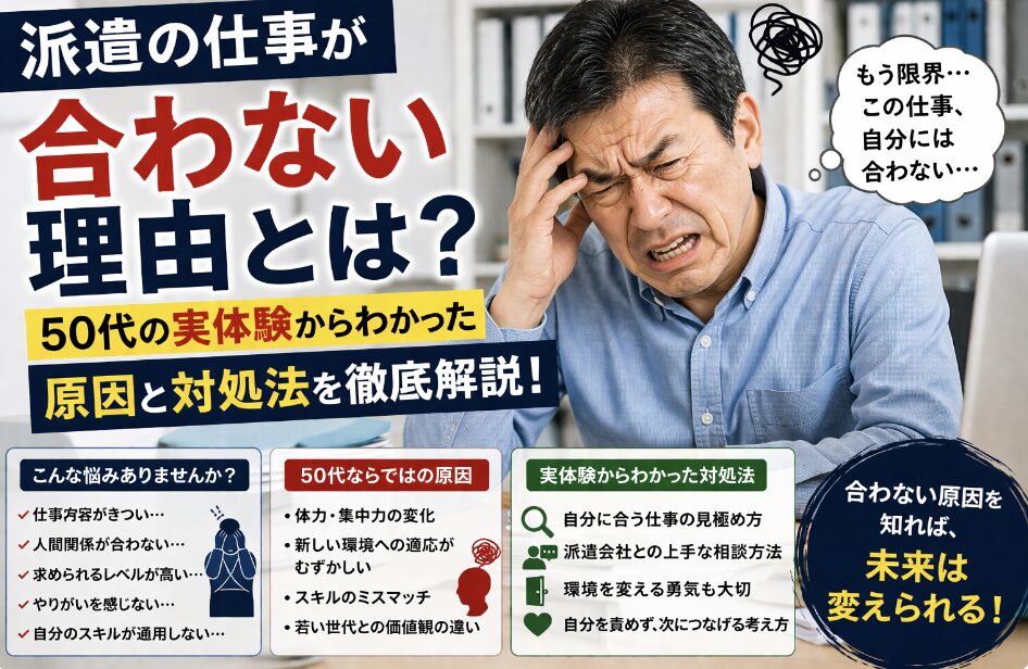派遣の仕事が合わず、頭を押さえてイライラしながら限界を感じている55歳男性の実写風イメージ。「合わない理由とは？」「50代の実体験からわかった原因と対処法」の文字入り