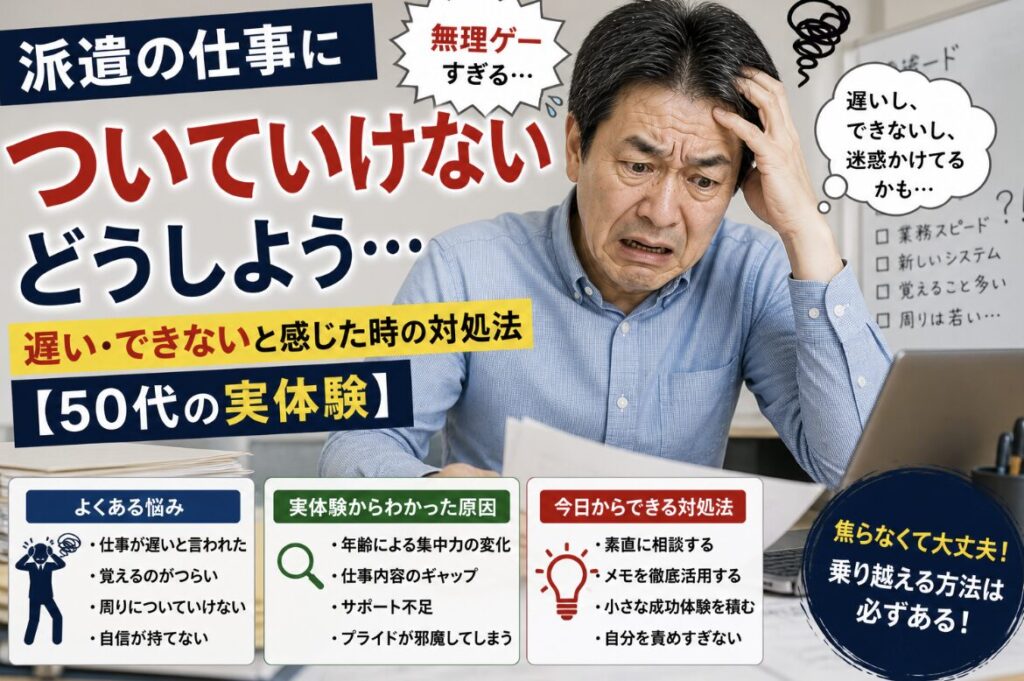 派遣の仕事についていけず、書類を前に頭を抱えて困惑した表情を浮かべる55歳男性の実写風イメージ。「ついていけない…どうしよう」「遅い・できないと感じた時の対処法」「50代の実体験」の文字入り