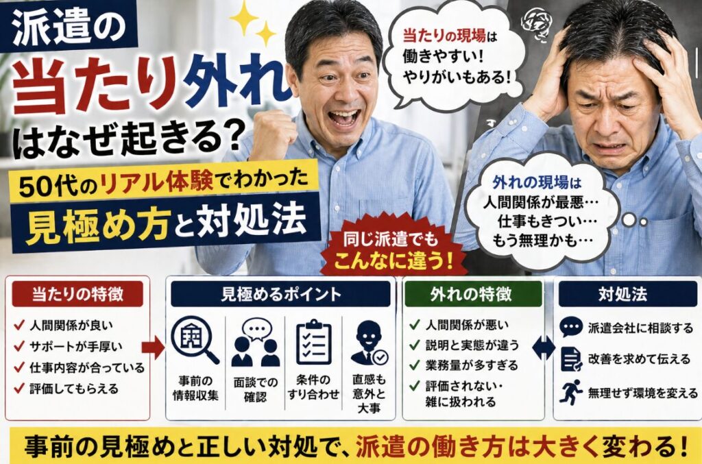 派遣の当たり外れに一喜一憂し、片方では喜びもう片方では頭を抱えて苦しむ55歳男性の対比イメージ。「当たり外れはなぜ起きる？」「50代のリアル体験」「見極め方と対処法」の文字入り