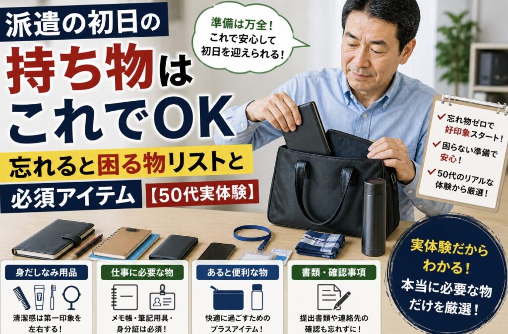 派遣の初日に向けて持ち物をバッグに準備している55歳男性の実写風イメージ。机の上にノートやスマホ、水筒などが並び、「持ち物はこれでOK」「忘れると困る物リスト」「必須アイテム【50代実体験】」の文字入り